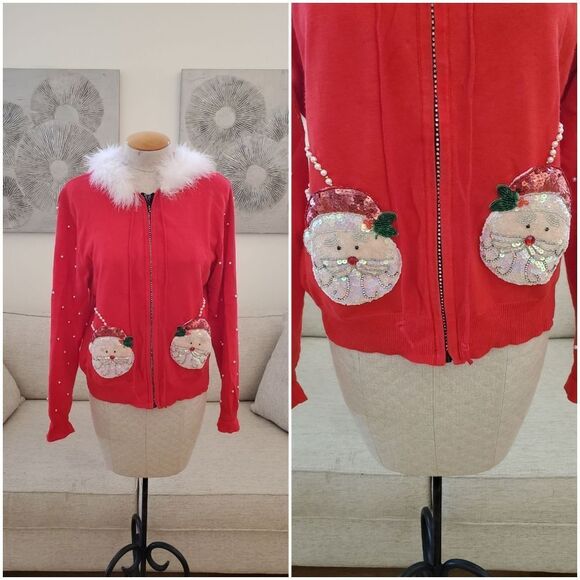 Collective Works Of Berek 2 Embellished Christmas Santa Clause Zip-Up Hoodie LG - Picture 1 of 13